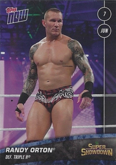 Randy Orton DEF. Triple H trading card PW Catalog