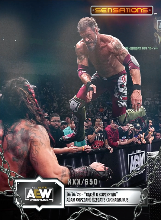 10/10/23 – “Rated R Superstar” Adam Copeland – “Rated R Superstar” Adam Copeland Defeats Luchasaurus trading card PW Catalog