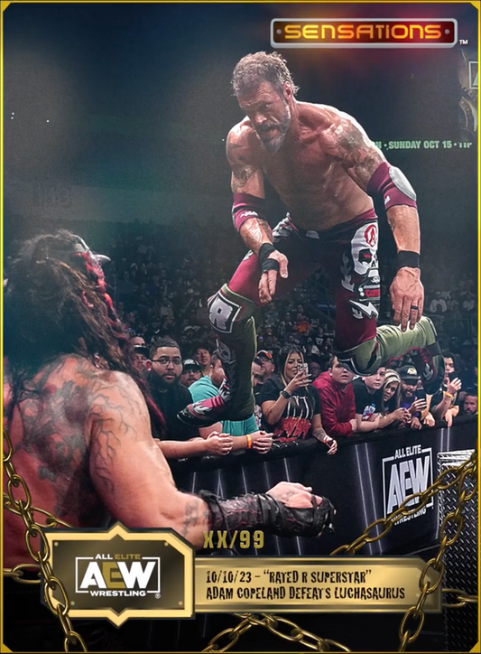 10/10/23 – “Rated R Superstar” Adam Copeland – “Rated R Superstar” Adam Copeland Defeats Luchasaurus trading card PW Catalog