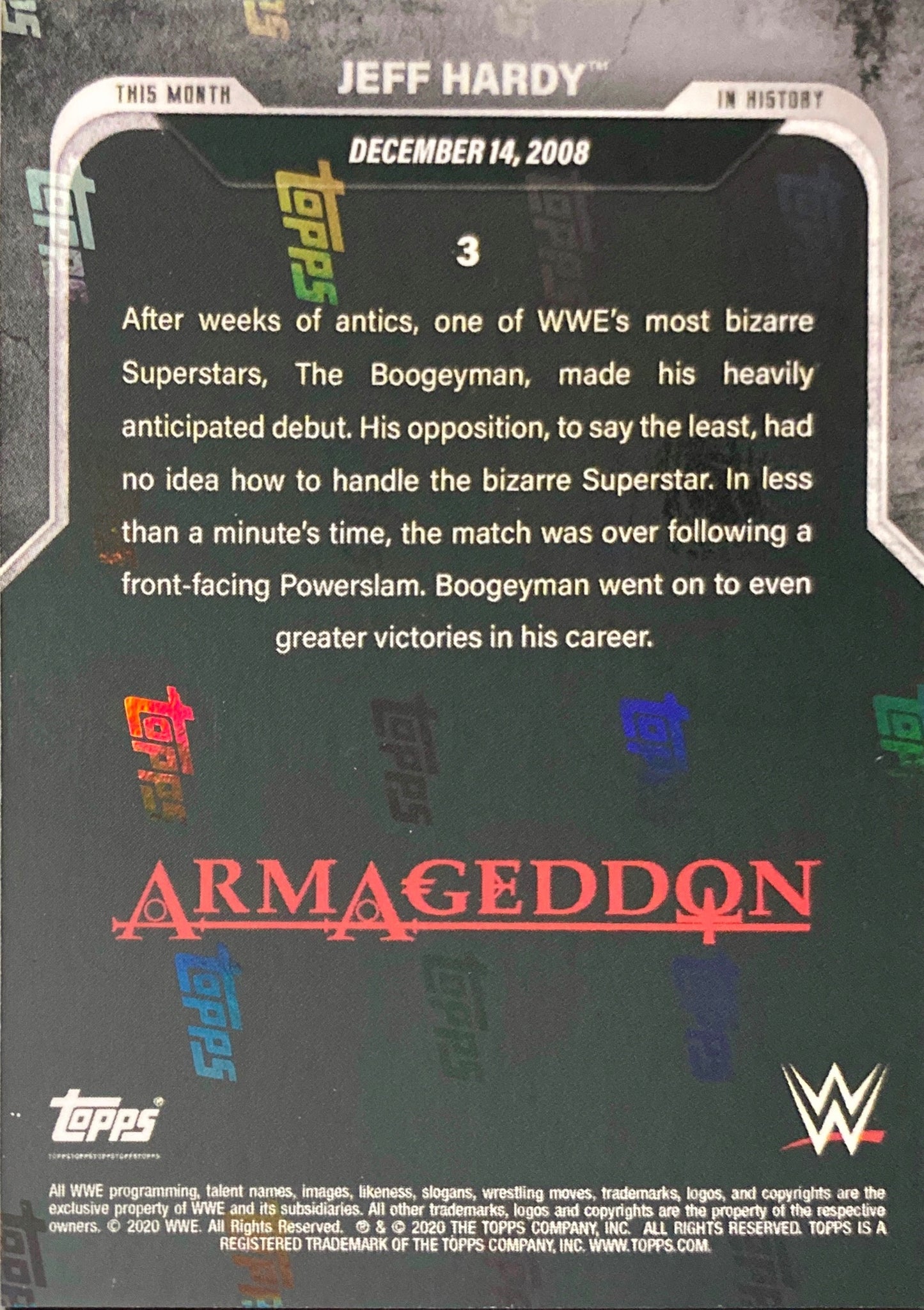 Armageddon – December 14, 2008 Jeff Hardy Wins the WWE Championship trading card PW Catalog