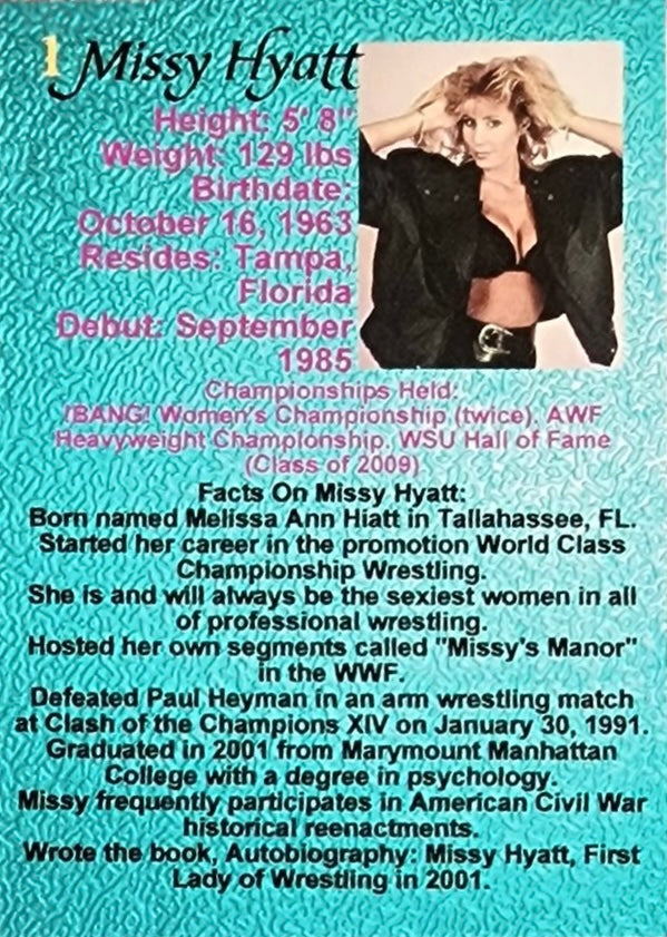 Missy Hyatt “the First Lady of Wrestling” trading card PW Catalog