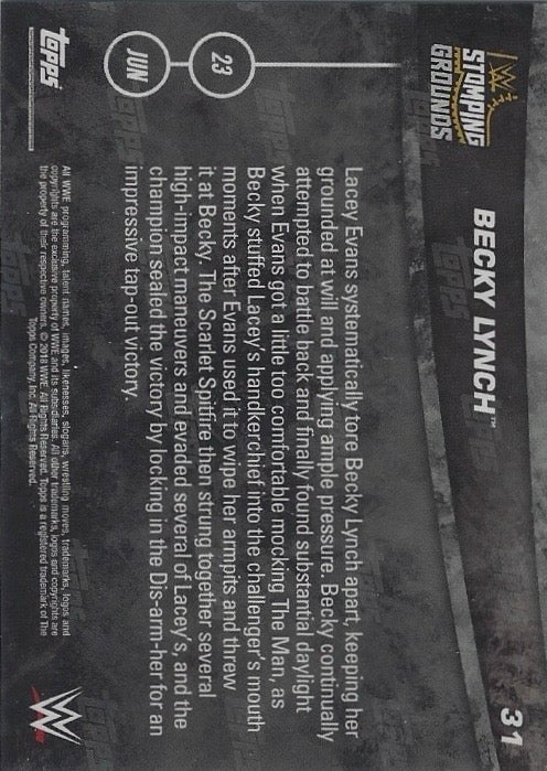Becky Lynch RAW Women’s Champion DEF. Lacey Evans trading card PW Catalog