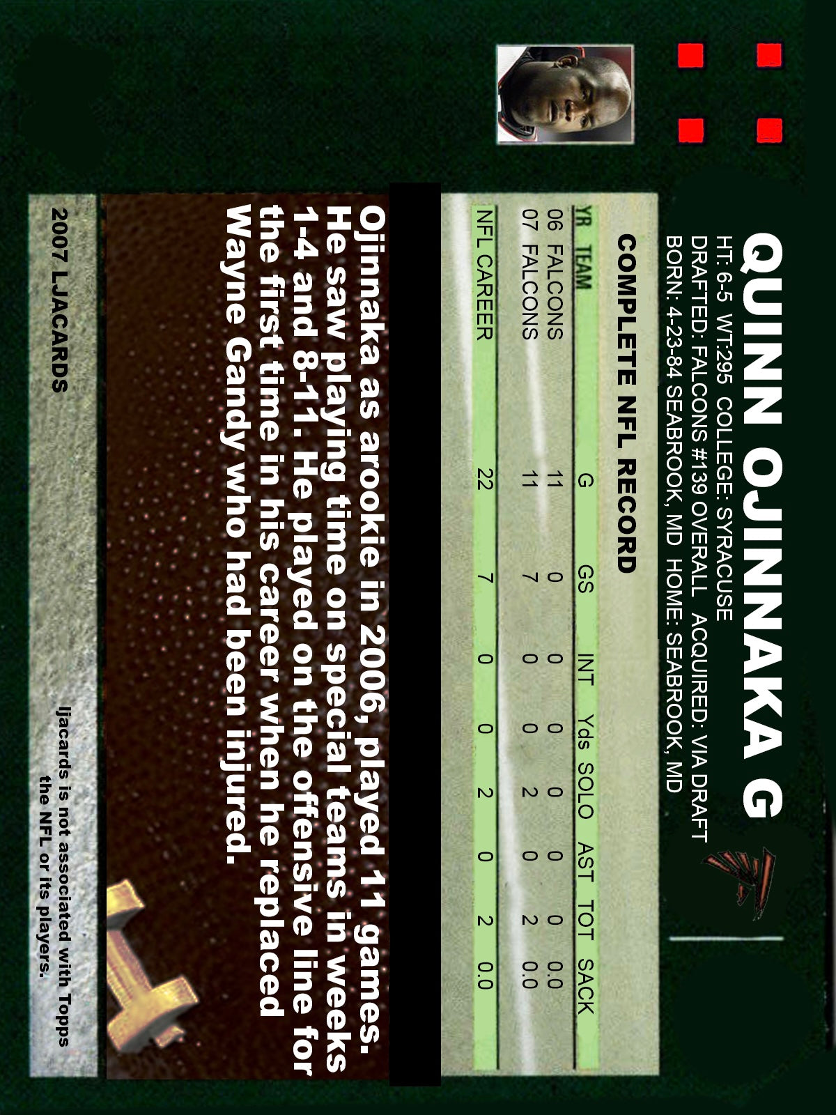 Quinn Ojinnaka – Atlanta Falcons trading card PW Catalog