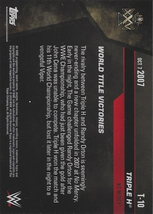 OCT 7 2007 – Triple H DEF. Newly-Crowned WWE Champion Randy Orton trading card PW Catalog