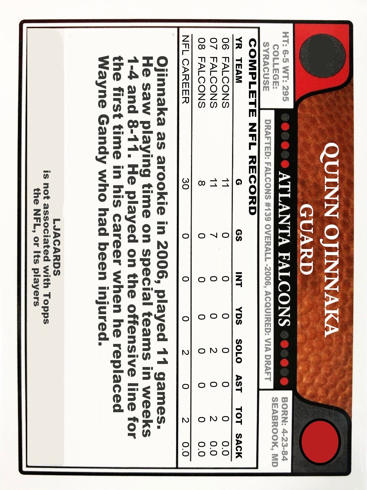 Quinn Ojinnaka – Falcons trading card PW Catalog