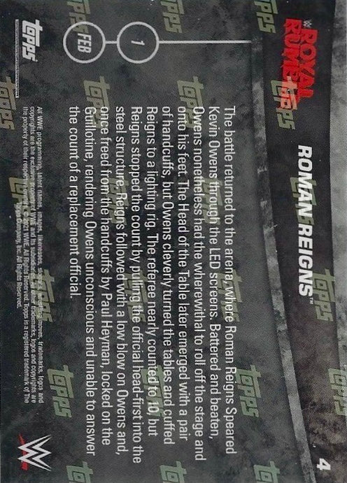 Roman Reigns DEF. Kevin Owens to Retain the Universal Championship trading card PW Catalog