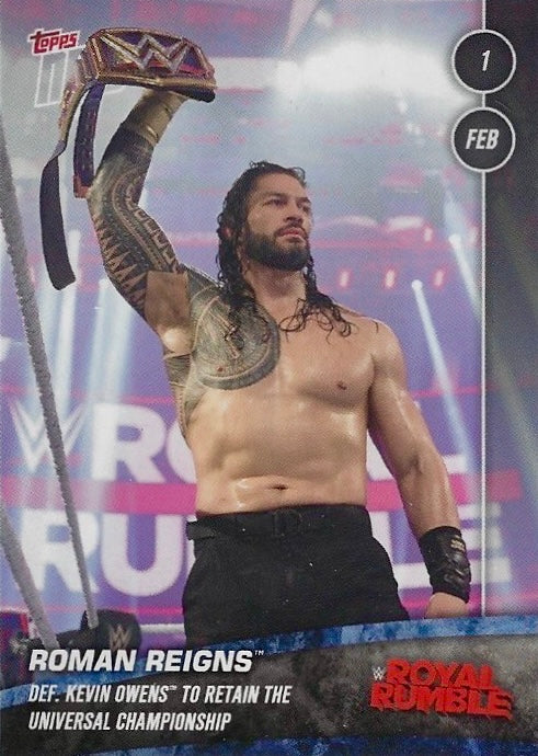 Roman Reigns DEF. Kevin Owens to Retain the Universal Championship trading card PW Catalog