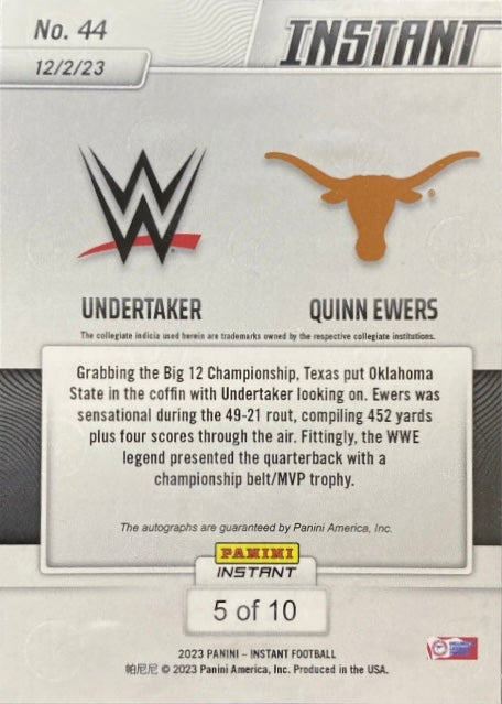 WWE Legend Undertaker / Texas Longhorns Quinn Ewers – Huge Undertaking: Ewers Nails Down Big 12 Title trading card PW Catalog