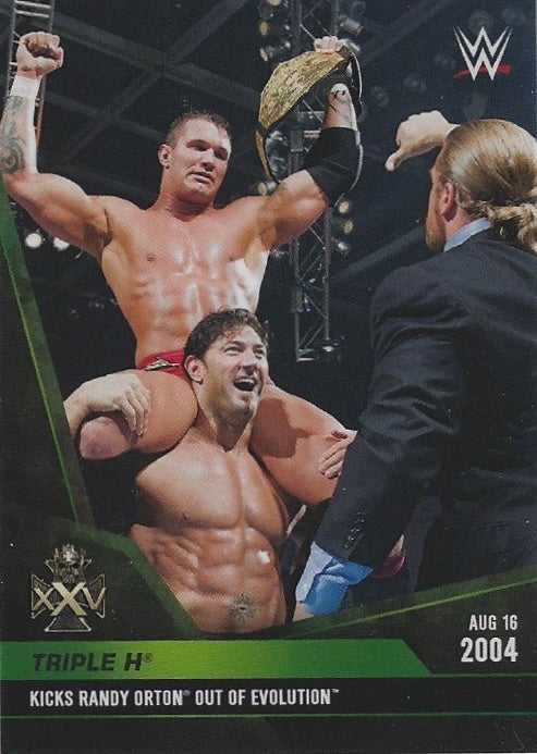 AUG 16 2004 – Triple H Kicks Randy Orton Out of Evolution trading card PW Catalog