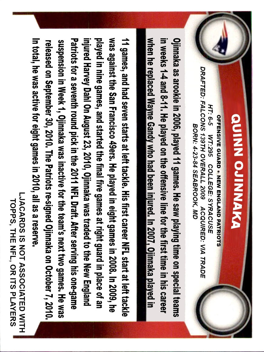 Quinn Ojinnaka – New England Patriots trading card PW Catalog