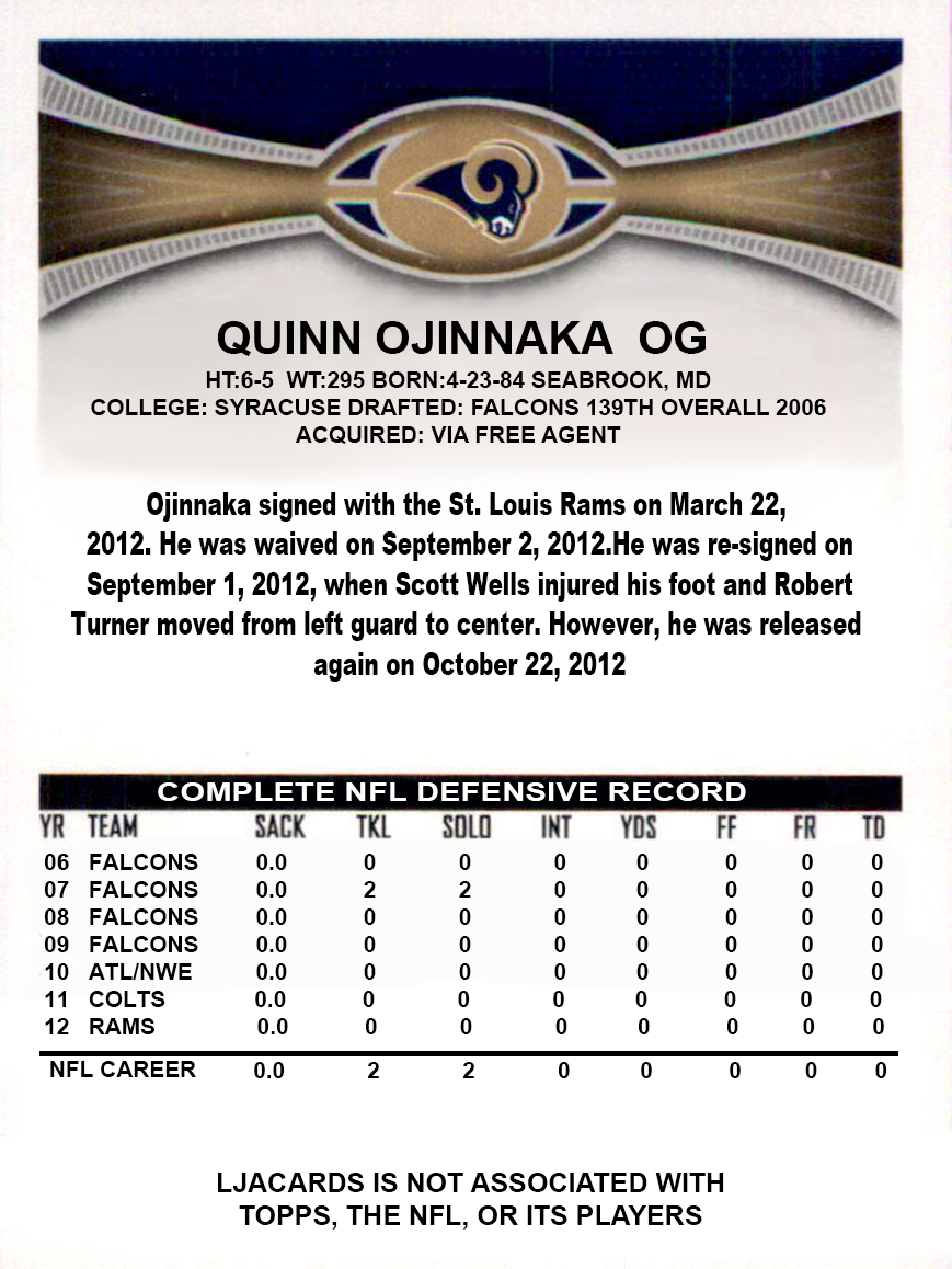 Quinn Ojinnaka – Rams trading card PW Catalog