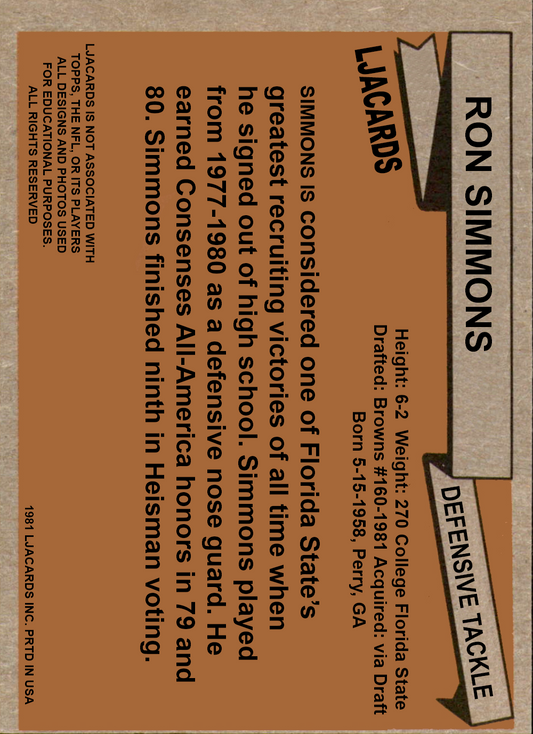 RON Simmons – Browns trading card PW Catalog