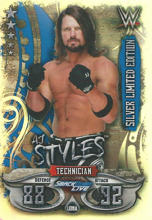 WWE Topps Slam Attax Live 2018 AJ Styles Limited Edition Silver LEMA trading card PW Catalog