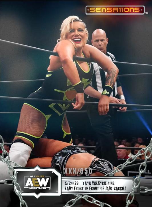 5/24/23 – Taya Valkyrie – Taya Valkyrie Pins Lady Frost in Front of Jade Cargill trading card PW Catalog