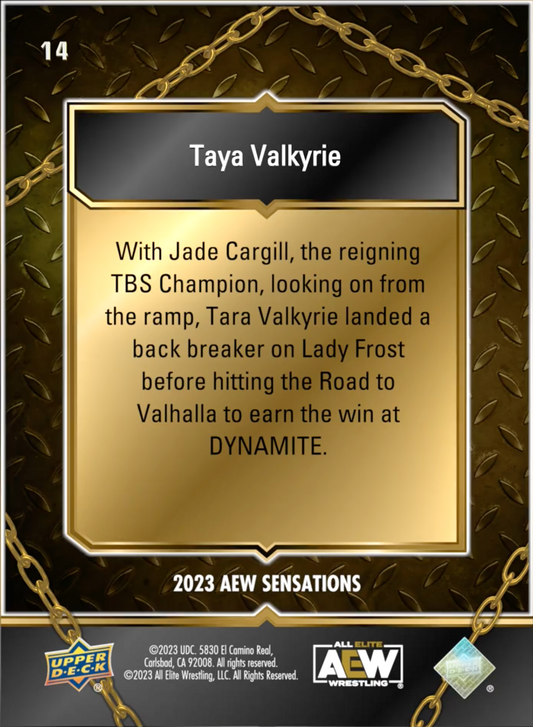5/24/23 – Taya Valkyrie – Taya Valkyrie Pins Lady Frost in Front of Jade Cargill trading card PW Catalog