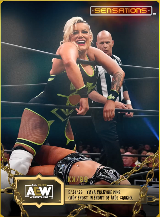 5/24/23 – Taya Valkyrie – Taya Valkyrie Pins Lady Frost in Front of Jade Cargill trading card PW Catalog
