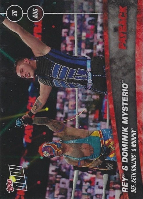 REY & Dominik Mysterio DEF. Seth Rollins & Murphy trading card PW Catalog