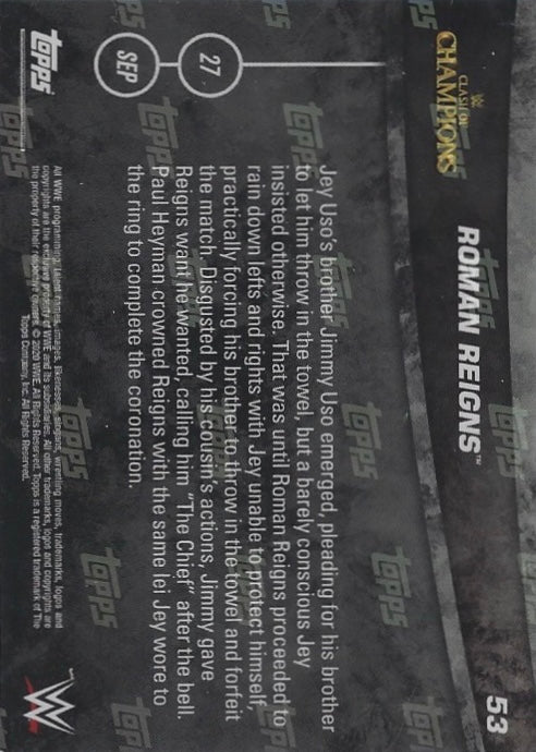 Roman Reigns DEF. JEY USO to Retain the Universal Championship trading card PW Catalog
