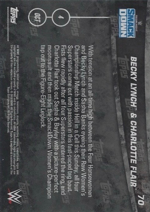 Becky Lynch & Charlotte Flair DEF. Bayley & Sasha Banks trading card PW Catalog