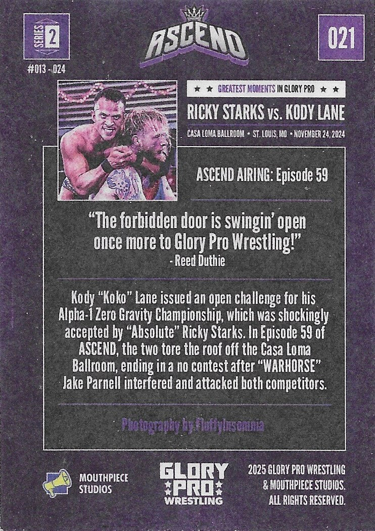 Greatest Moments in Glory Pro – Ricky Starks vs. Kody Lane trading card PW Catalog