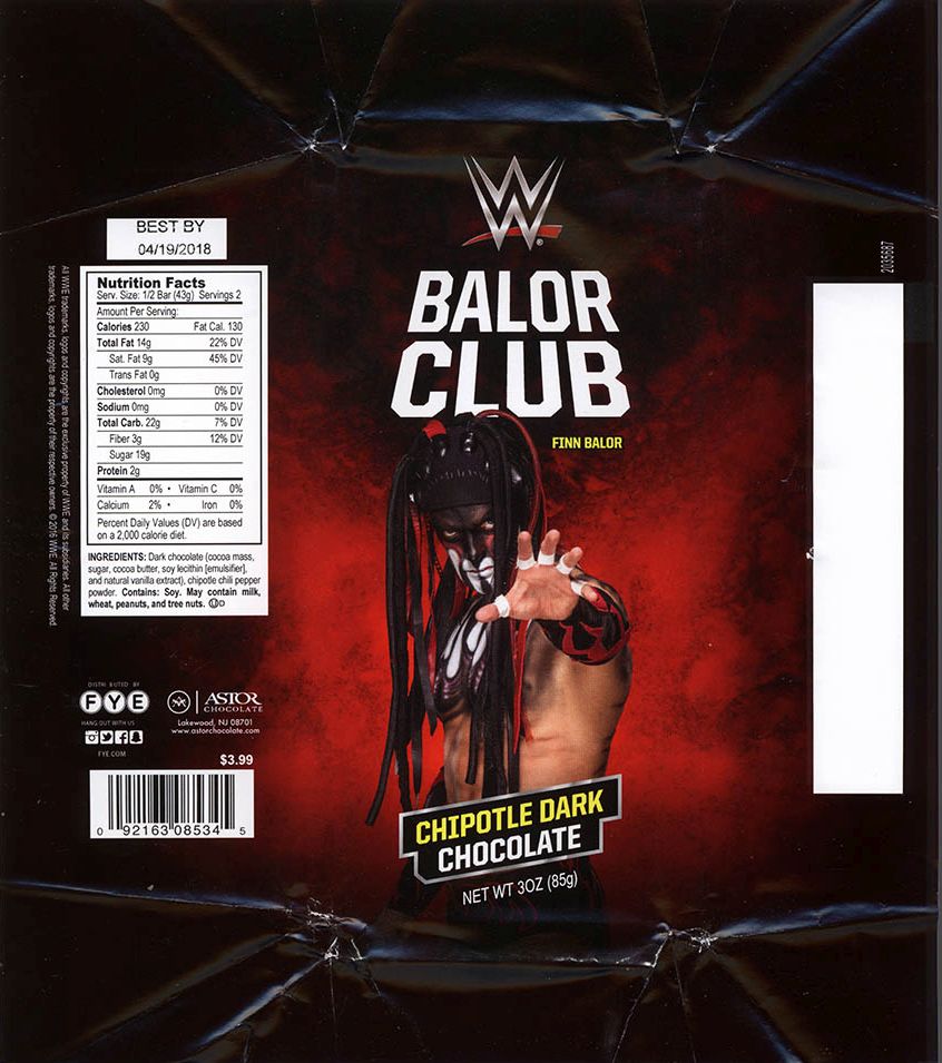 WWE Finn Bálor FYE Chocolate Bar 2016 Balor Club Chipotle Dark Chocolate