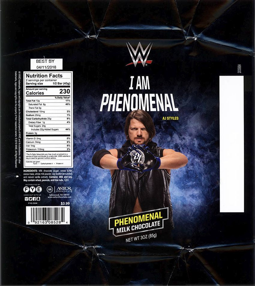 WWE AJ Styles FYE Chocolate Bar 2016 I Am Phenomenal Phenomenal Milk Chocolate