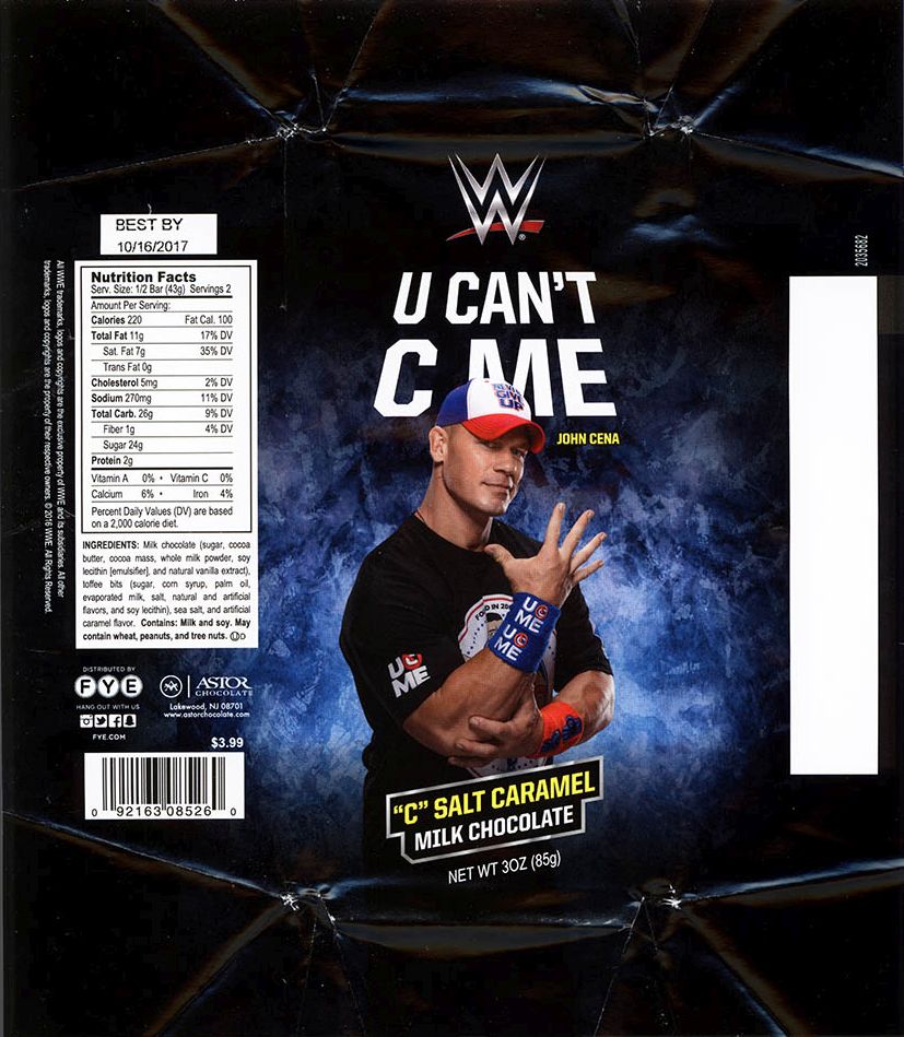 WWE John Cena FYE Chocolate Bar 2016 U Cant C Me "C" Salt Caramel Milk Chocolate