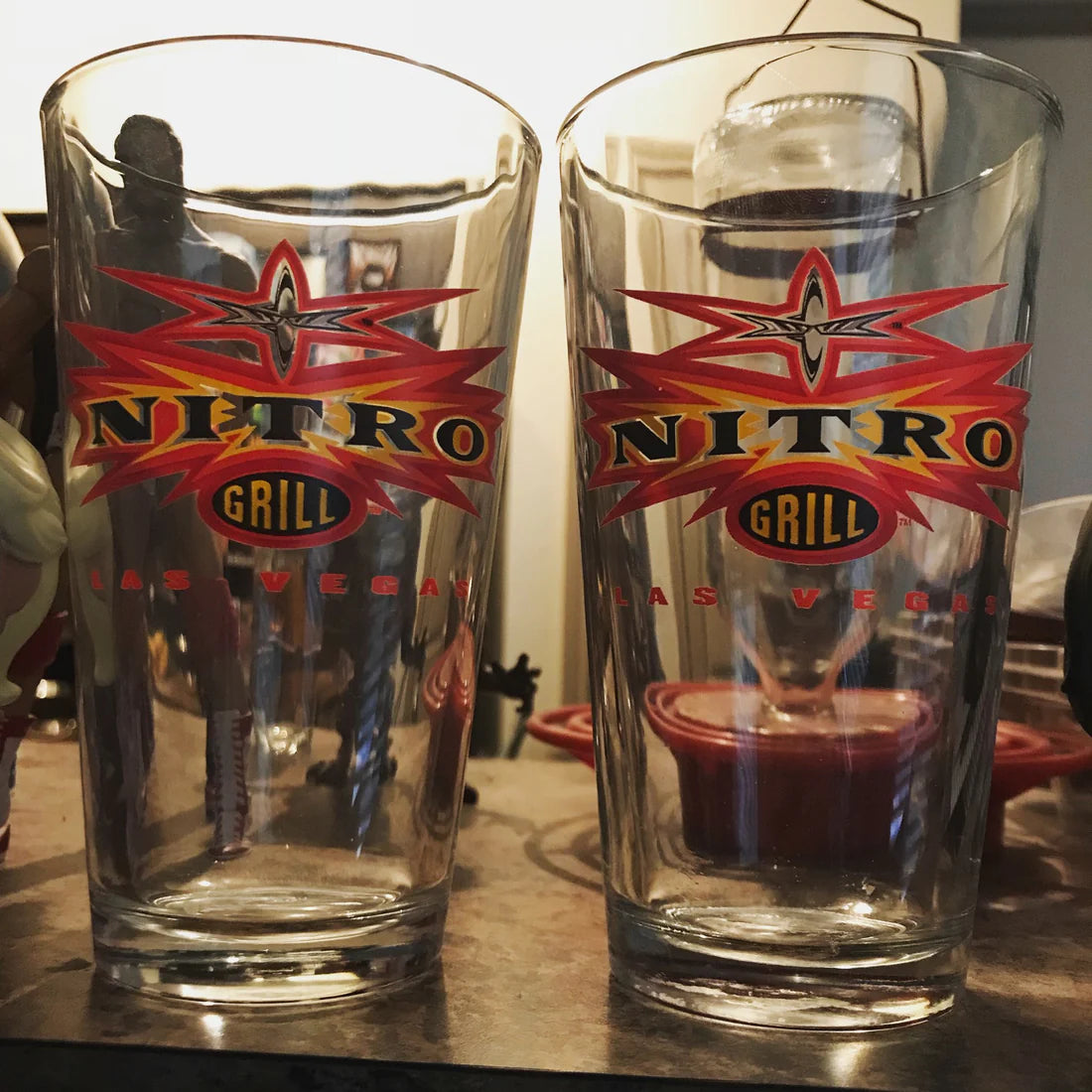 WCW Las Vegas Nitro grill restaurant  memorabilia, menu & shot glass