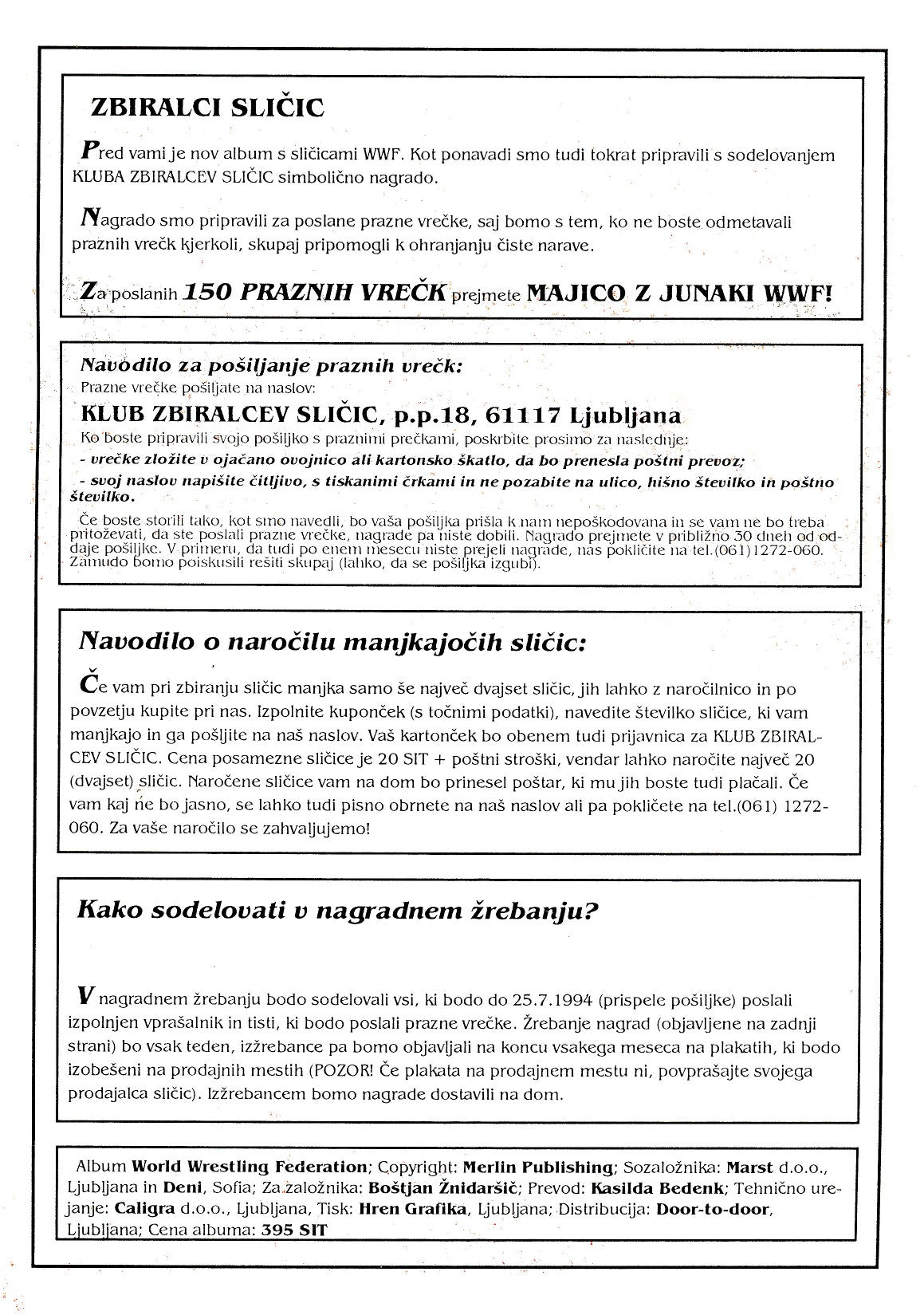 WWF Stickers Album 1991 From Slovenia Stickers Album PW Catalog