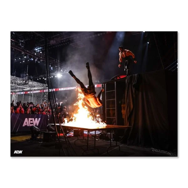 Pac Puts Darby Allin Through a Flaming Table AEW Blood and Guts 2025 Memorable Moments Art Print By Ryan Loco PW Catalog