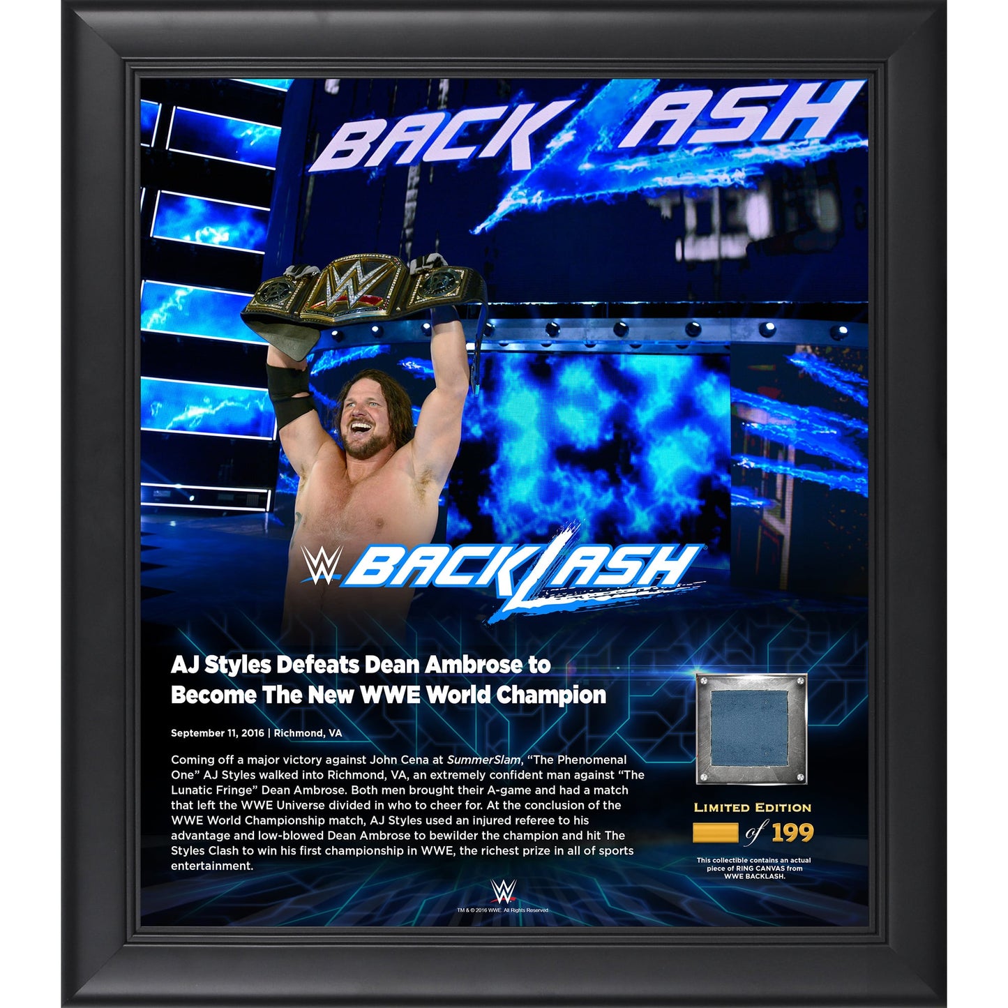 AJ Styles Framed 15" x 17" 2016 Backlash Collage with a Piece of Match-Used Canvas - Limited Edition of 199