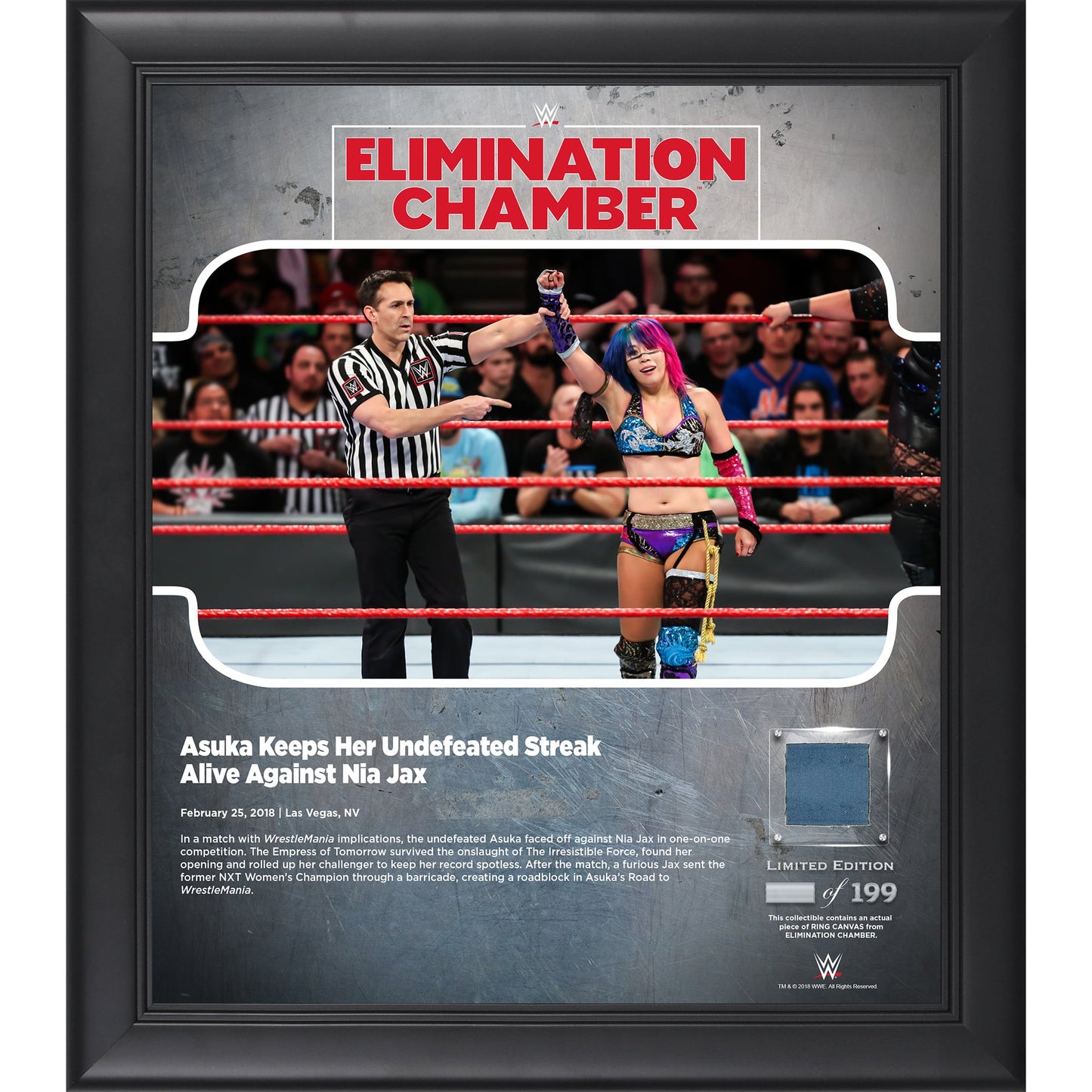 Asuka Framed 15" x 17" 2018 Elimination Chamber Collage with a Piece of Match-Used Canvas - Limited Edition of 199