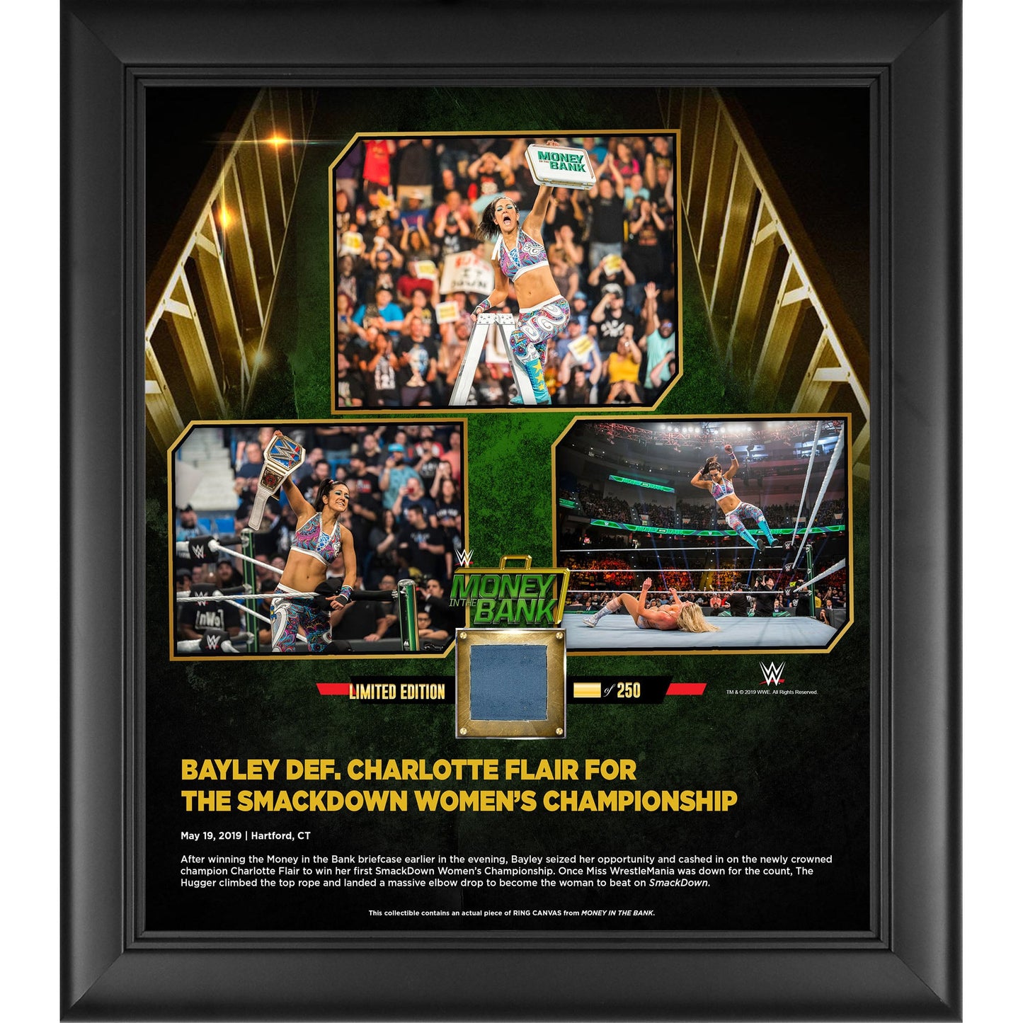 Bayley Framed 15" x 17" 2019 Money In The Bank Collage with a Piece of Match-Used Canvas - Limited Edition of 250