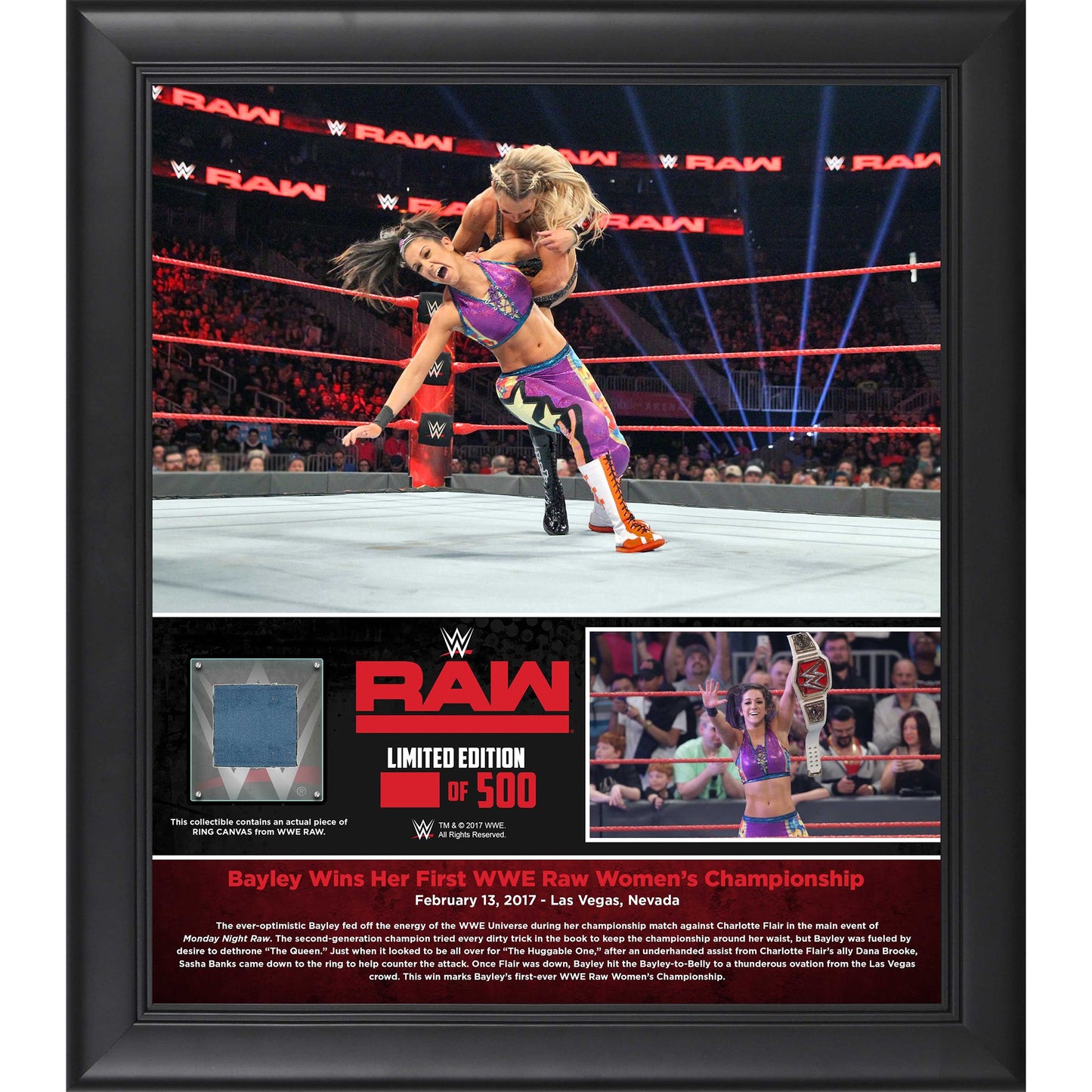 Bayley Framed 15" x 17" February 13 2017 Monday Night RAW Collage with a Piece of Match-Used Canvas - Limited Edition of 199