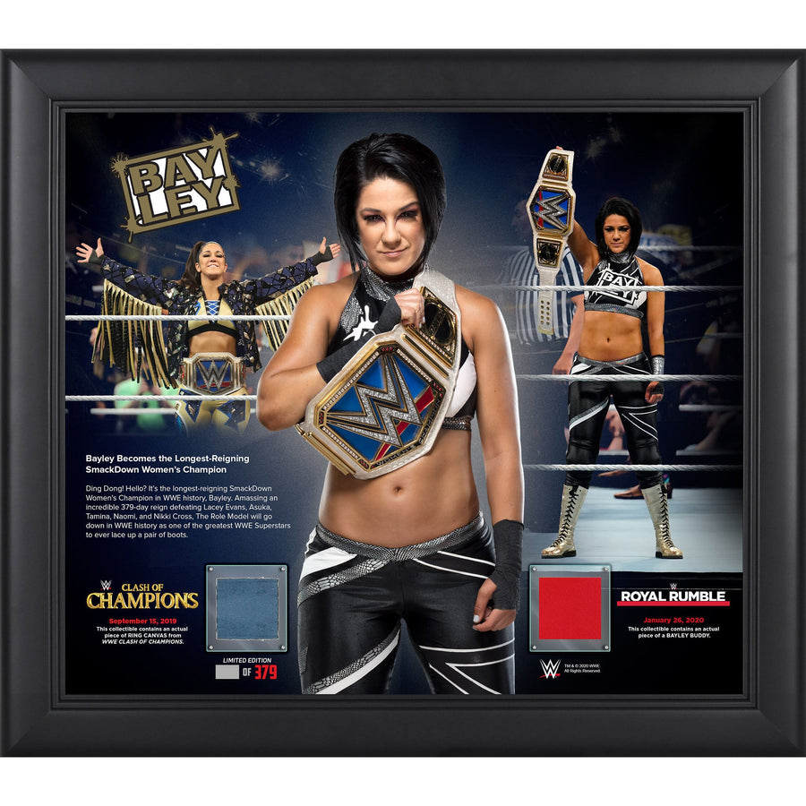 Bayley Framed 15" x 17" Longest Reigning SmackDown Women's Champion Collage with a Piece of Match-Used Canvas & Bayley Buddy - Limited Edition of 379