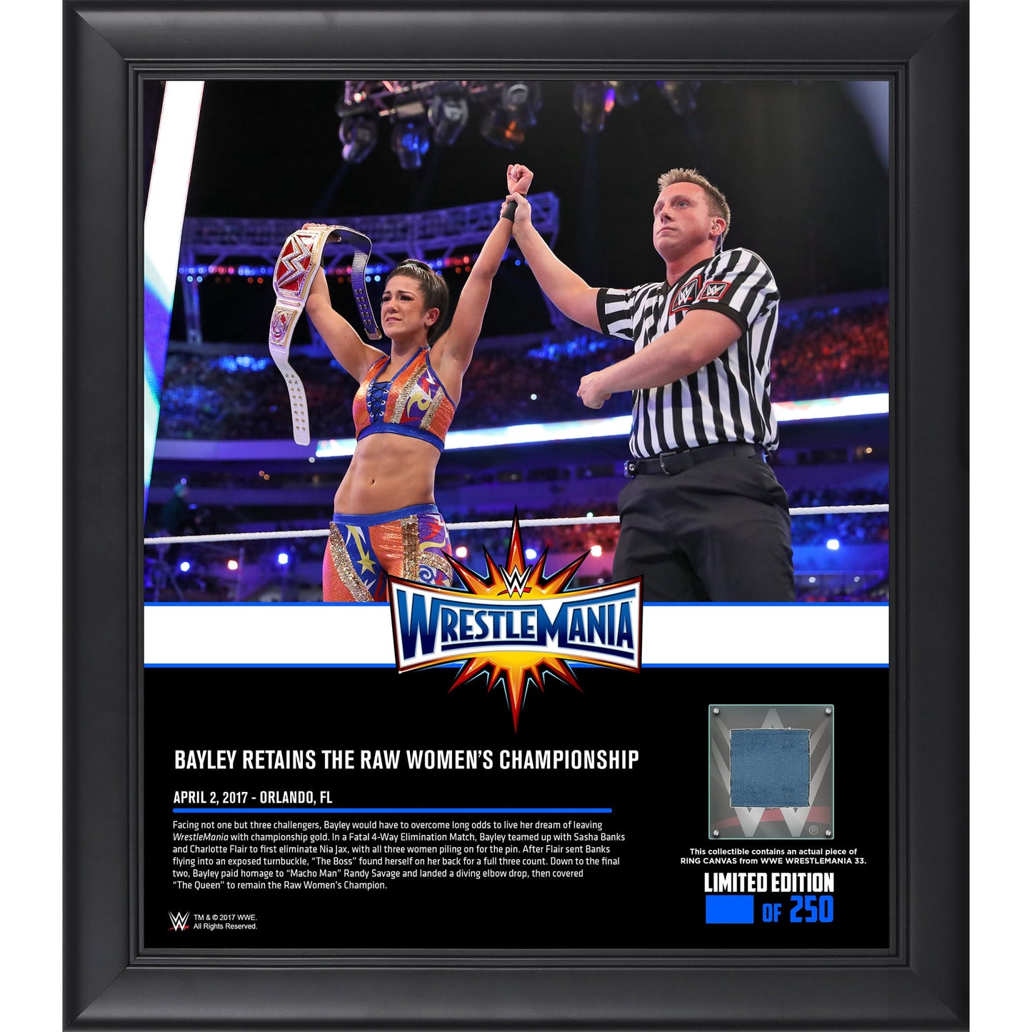 Bayley Framed 15" x 17" WrestleMania 33 Collage with a Piece of Match-Used Canvas - Limited Edition of 250