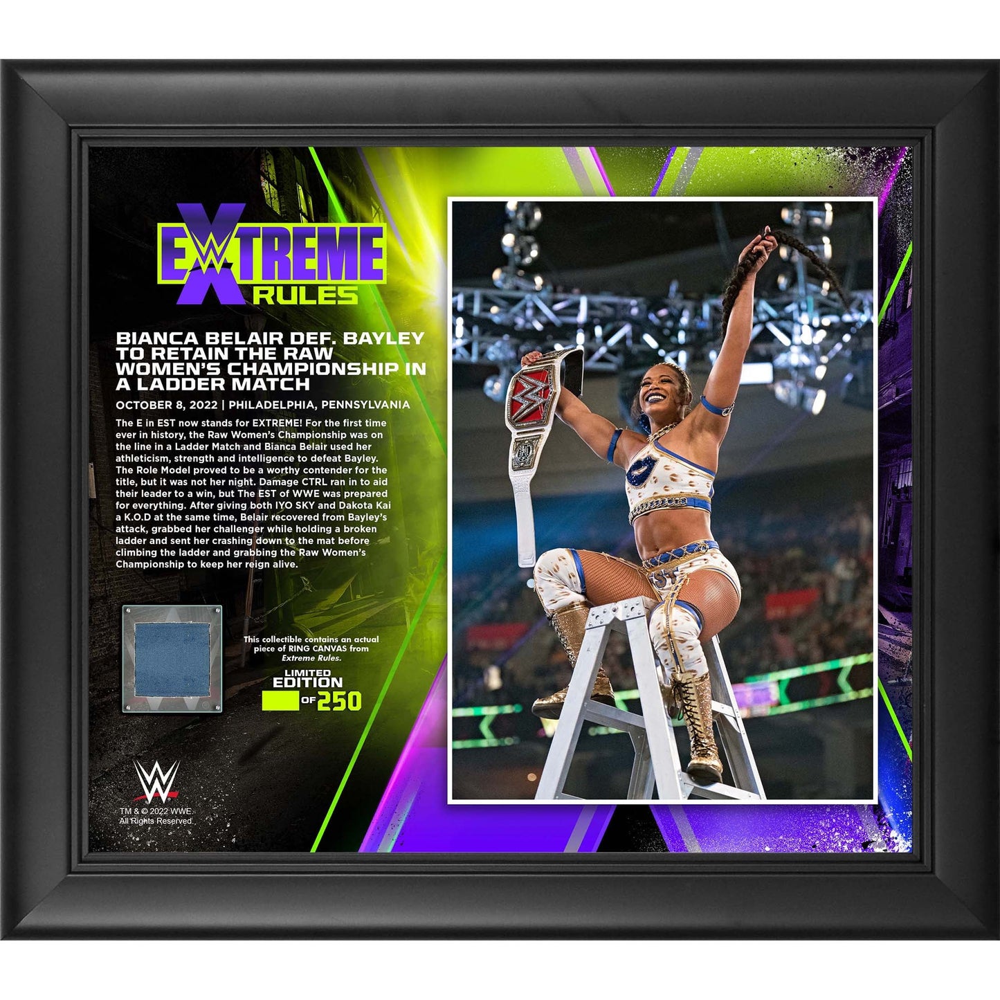 Bianca Belair Framed 15" x 17" 2022 Extreme Rules Collage with a Piece of Match-Used Canvas - Limited Edition of 250