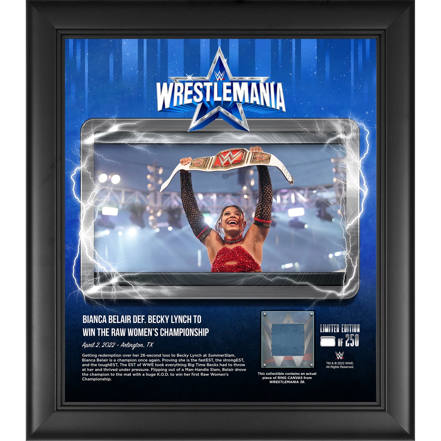Bianca Belair WWE Framed 15'' x 17'' WrestleMania 38 Night 1 Core Frame with a Piece of Match-Used Canvas - Limited Edition of 250
