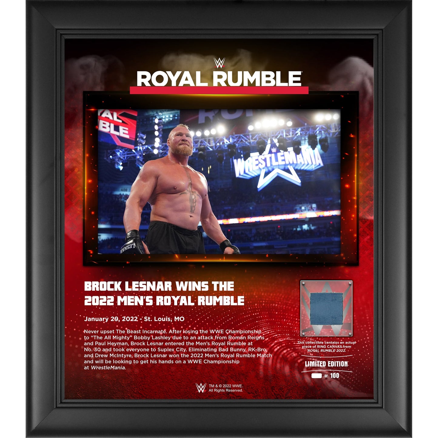 Brock Lesnar WWE Framed 15'' x 17'' 2022 Royal Rumble Collage with a Piece of Match-Used Canvas - Limited Edition of 100