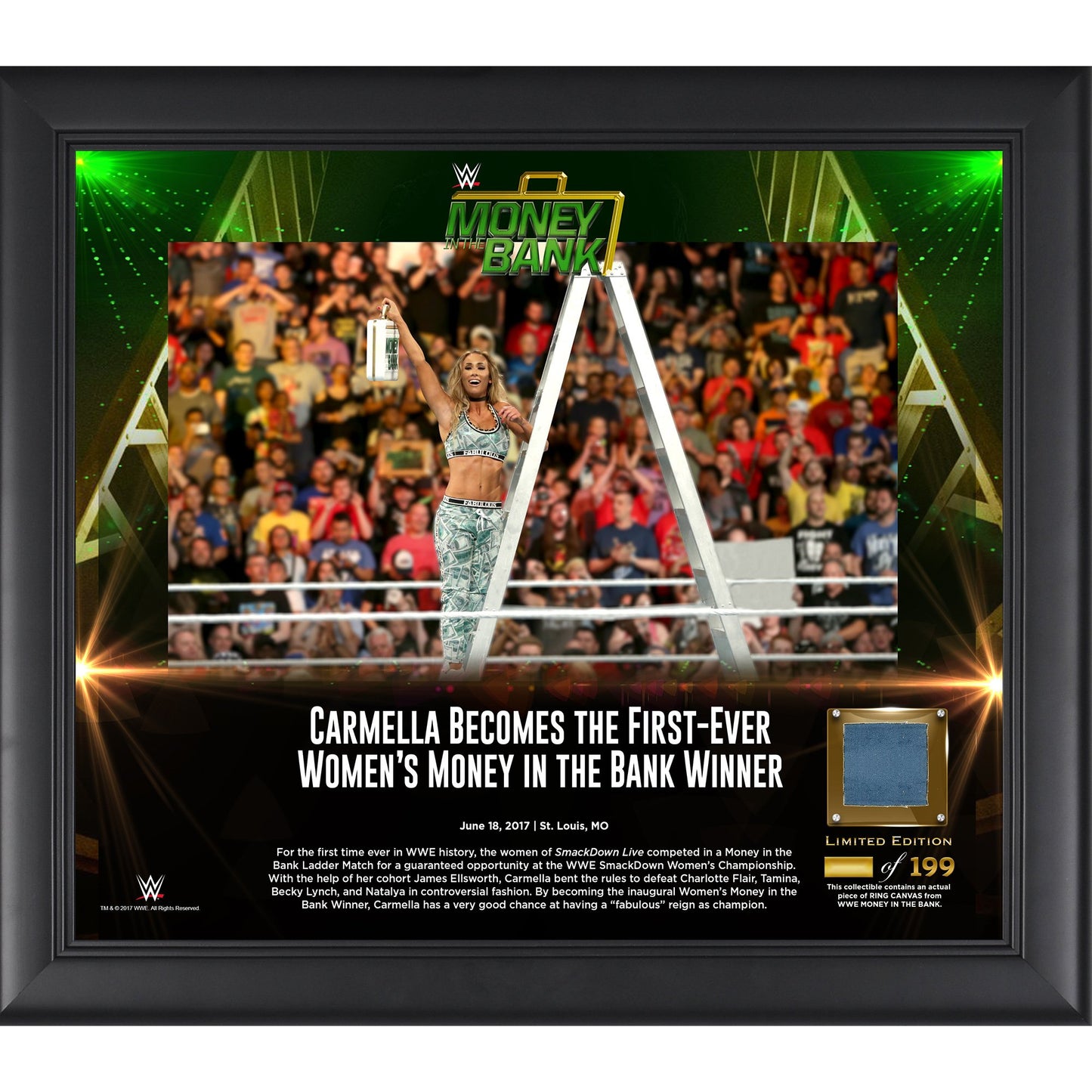 Carmella Framed 15" x 17" 2017 Money In The Bank Collage with a Piece of Match-Used Canvas - Limited Edition of 199
