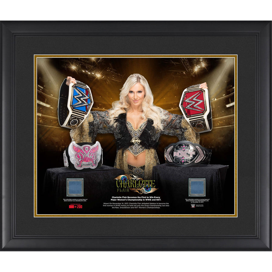 Charlotte Flair Framed 16" x 20" Every Championship Collage with Two Pieces of Match-Used Canvas - Limited Edition of 200