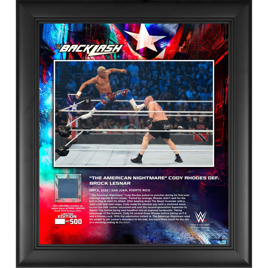 Cody Rhodes WWE Framed 15" x 17" 2023 Backlash Collage with a Piece of Match-Used Canvas - Limited Edition of 500