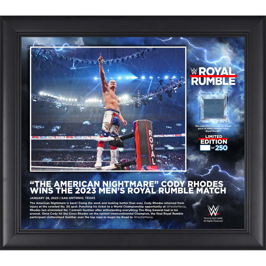 Cody Rhodes WWE Framed 15" x 17" 2023 Royal Rumble Men's Match Collage with a Piece of Match-Used Canvas - Limited Edition of 250
