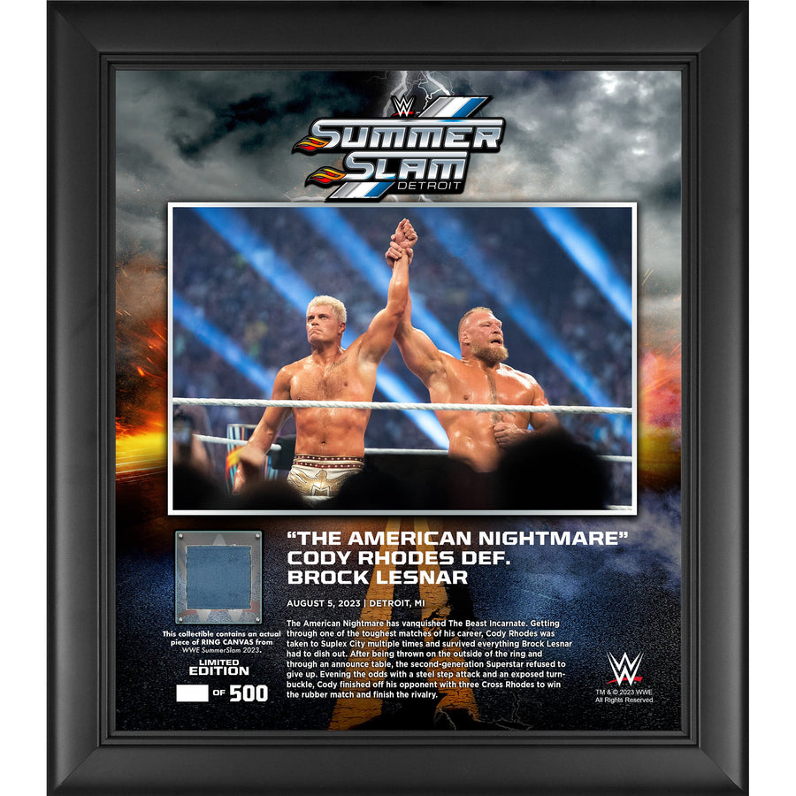 Cody Rhodes WWE Framed 15" x 17" 2023 SummerSlam Collage with a Piece of Match-Used Canvas - Limited Edition of 500