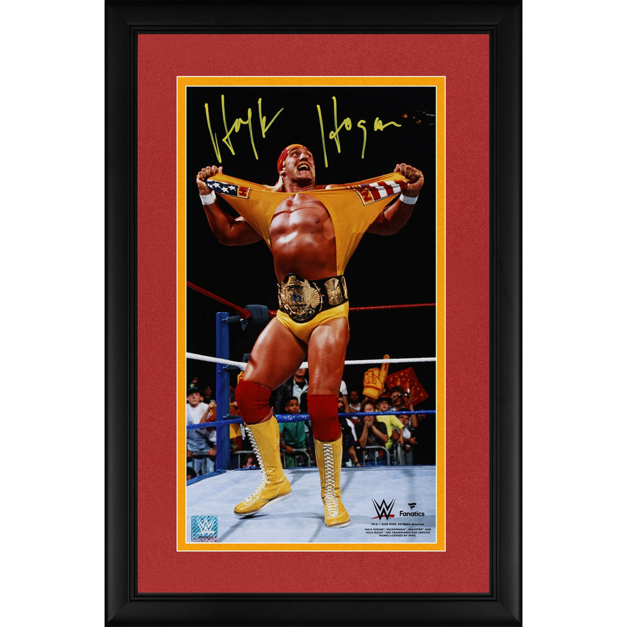 Hulk Hogan WWE Autographed Framed 10" x 18" Vertical Ripping Shirt Photograph