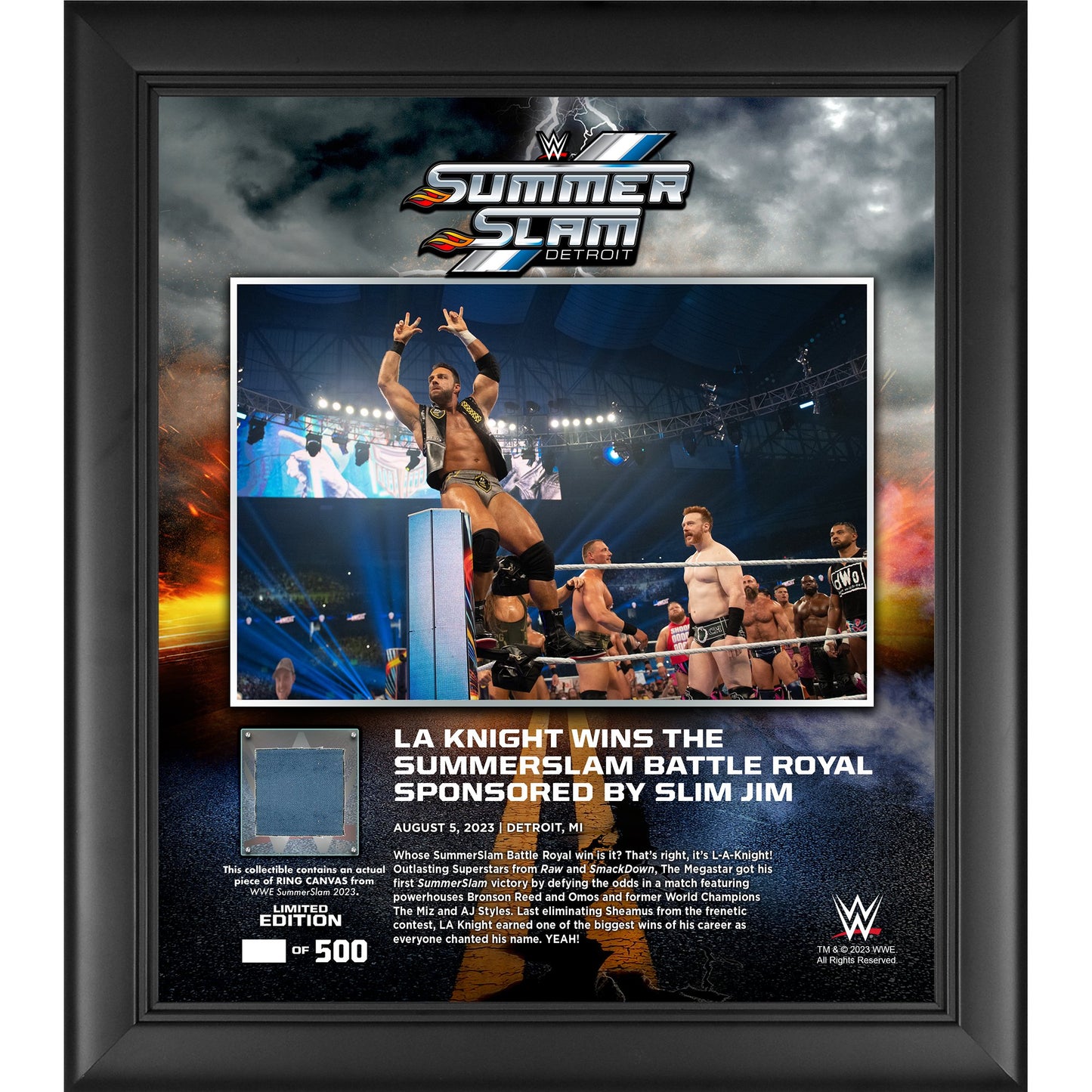 LA Knight WWE Framed 15" x 17" 2023 SummerSlam Collage with a Piece of Match-Used Canvas - Limited Edition of 500