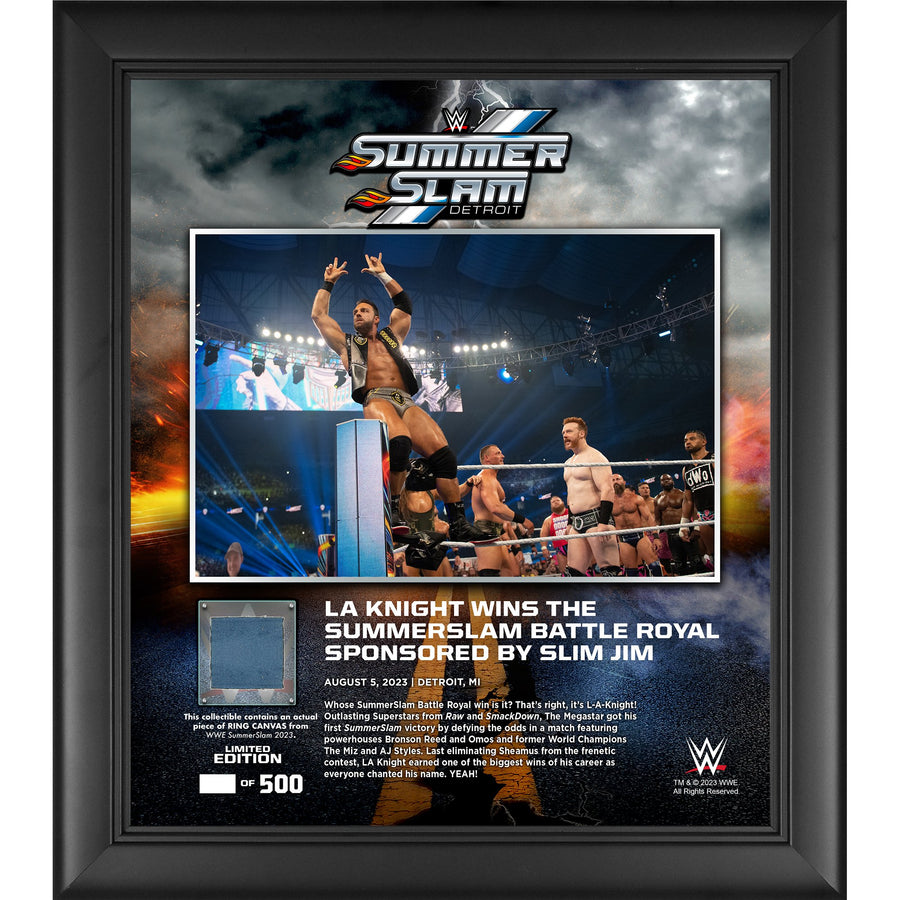 LA Knight WWE Framed 15" x 17" 2023 SummerSlam Collage with a Piece of Match-Used Canvas - Limited Edition of 500