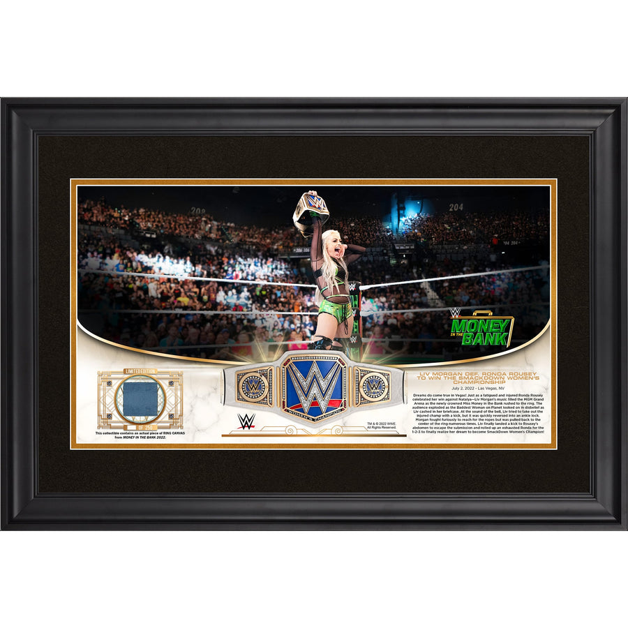 Liv Morgan WWE Golden Moments Framed 10" x 18" 2022 Money In The Bank Collage with a Piece of Match-Used Canvas - Limited Edition of 250 Memorabilia PWcatalog