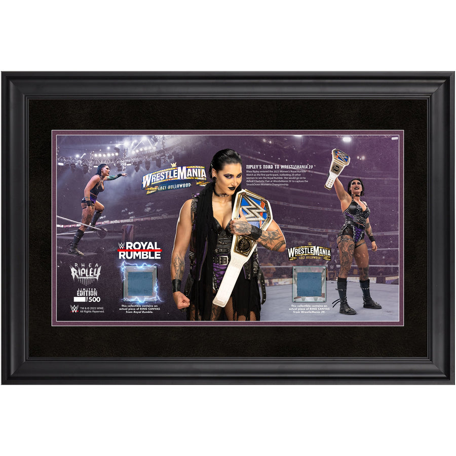 Rhea Ripley WWE Framed 10" x 18" Road to WrestleMania Collage with Pieces of Match-Used Canvas - Limited Edition of 500