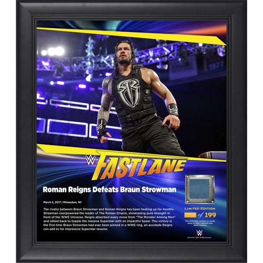 Roman Reigns Framed 15" x 17" 2017 Fastlane Collage with a Piece of Match-Used Canvas - Limited Edition of 199